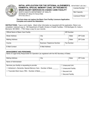 Document preview: Form SFN61362 Initial Application for the Optional Alzheimer's Dementia, Special Memory Care, or Traumatic Brain Injury Services in a Basic Care Facility - North Dakota