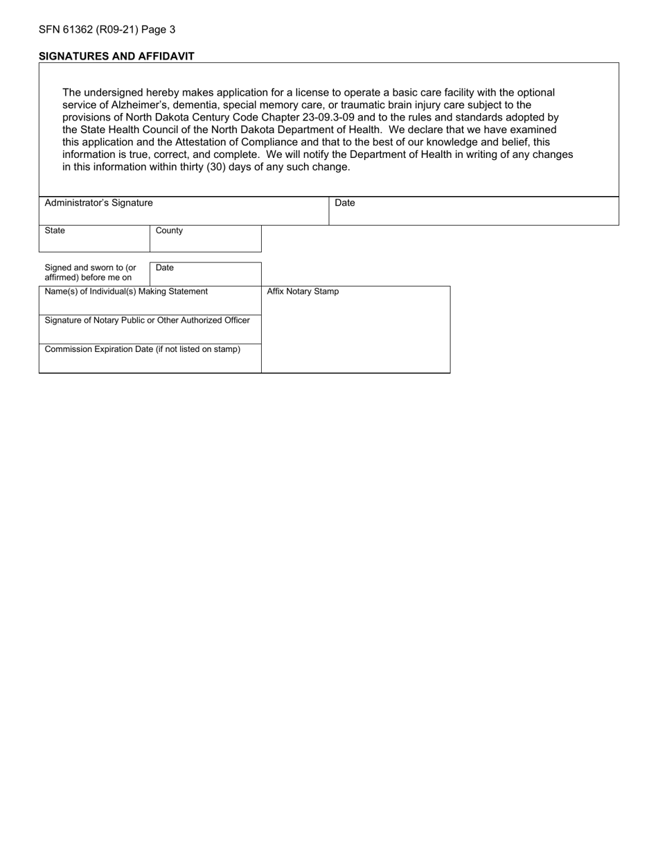 Form SFN61362 Initial Application for the Optional Alzheimers Dementia, Special Memory Care, or Traumatic Brain Injury Services in a Basic Care Facility - North Dakota, Page 3