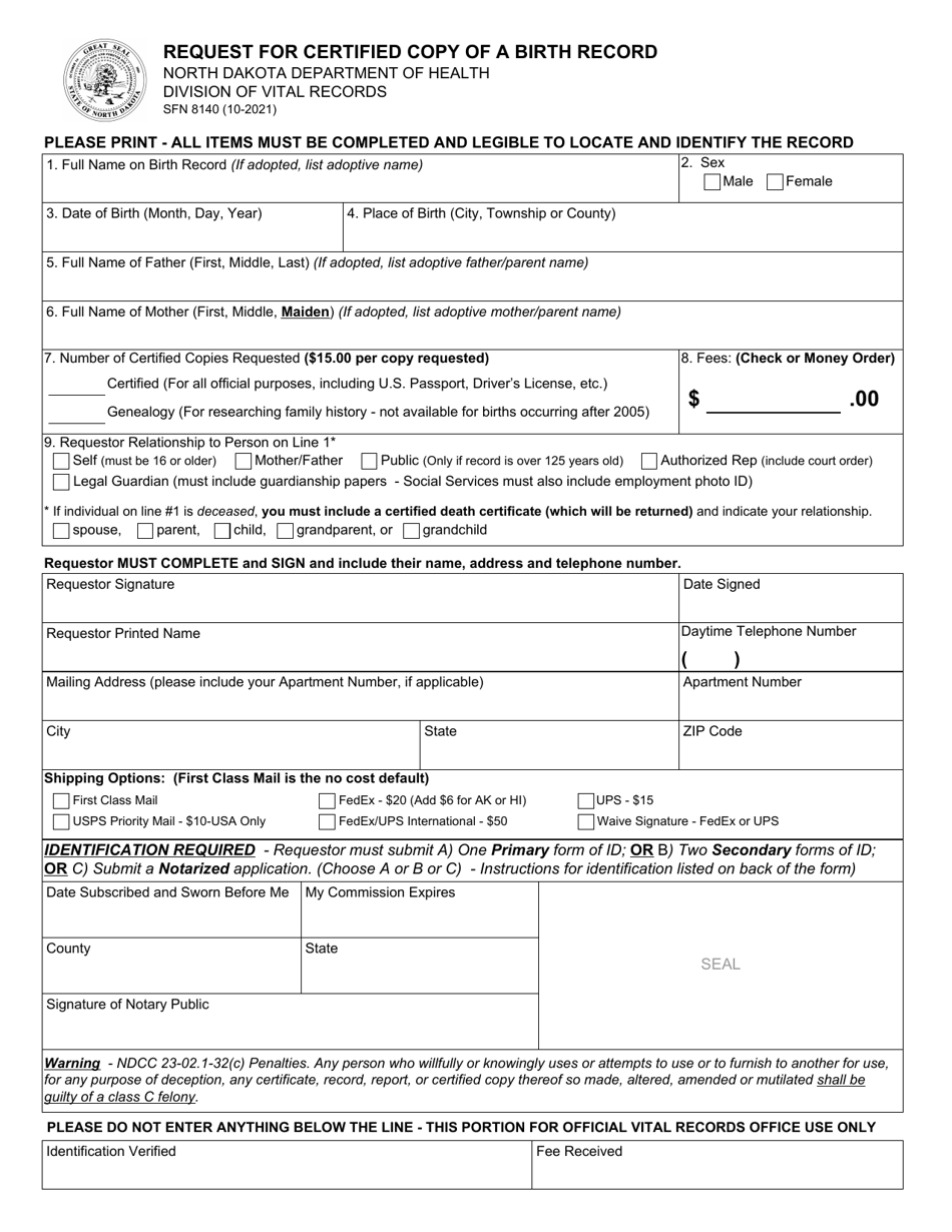 Form SFN8140 Request for Certified Copy of a Birth Record - North Dakota, Page 1