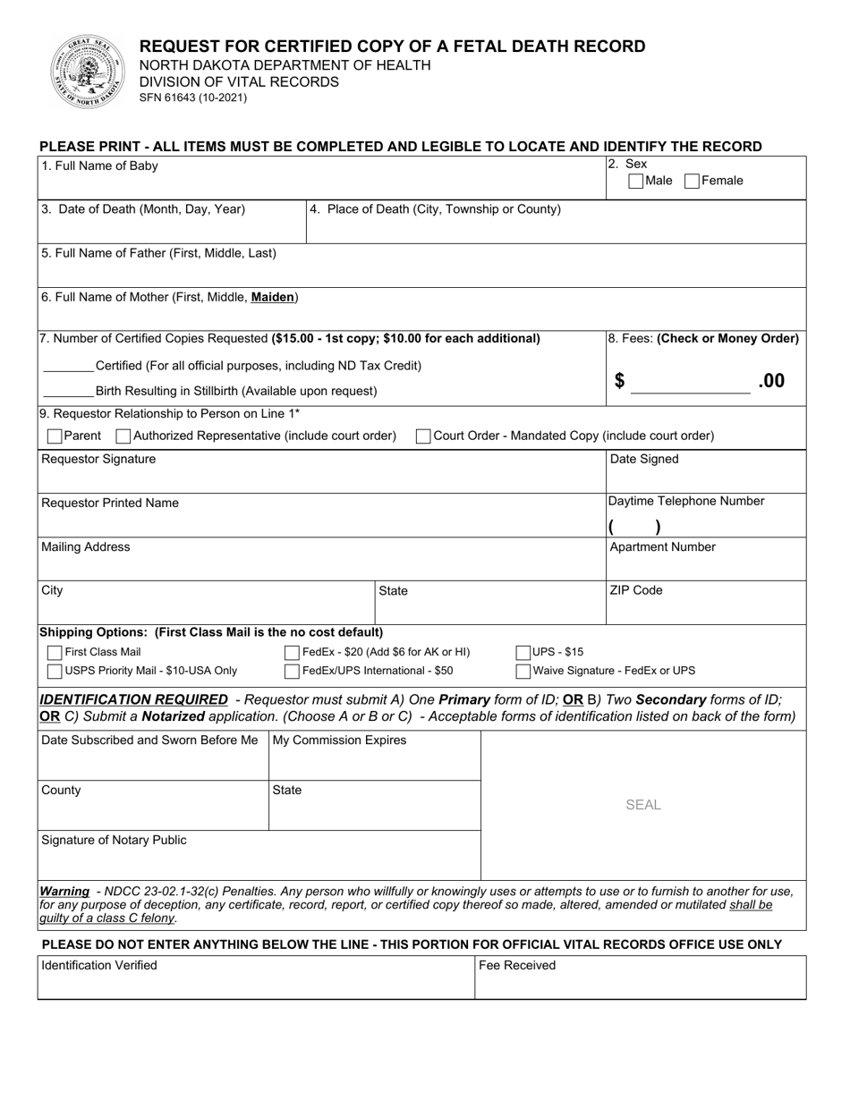 Form SFN61643 Request for Certified Copy of a Fetal Death Record - North Dakota, Page 1