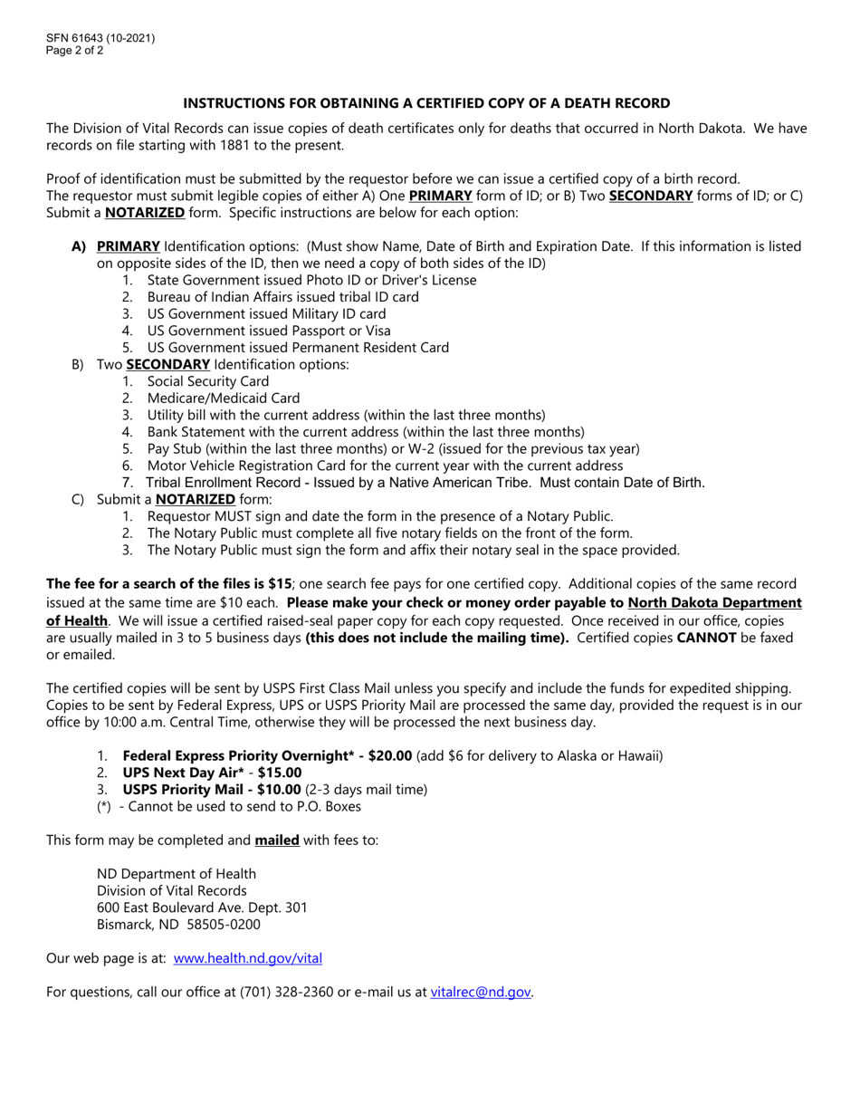 Form SFN61643 Request for Certified Copy of a Fetal Death Record - North Dakota, Page 2