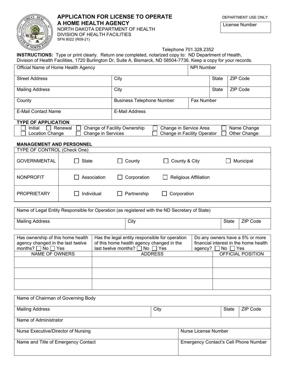 Form SFN8022 Application for License to Operate a Home Health Agency - North Dakota, Page 1