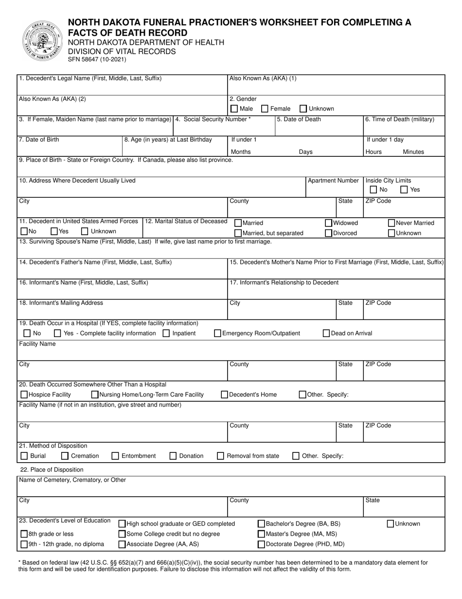 Form SFN58647 North Dakota Funeral Practioners Worksheet for Completing a Facts of Death Record - North Dakota, Page 1
