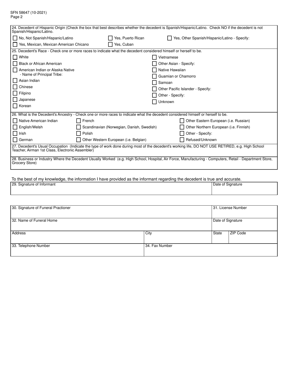 Form SFN58647 North Dakota Funeral Practioners Worksheet for Completing a Facts of Death Record - North Dakota, Page 2