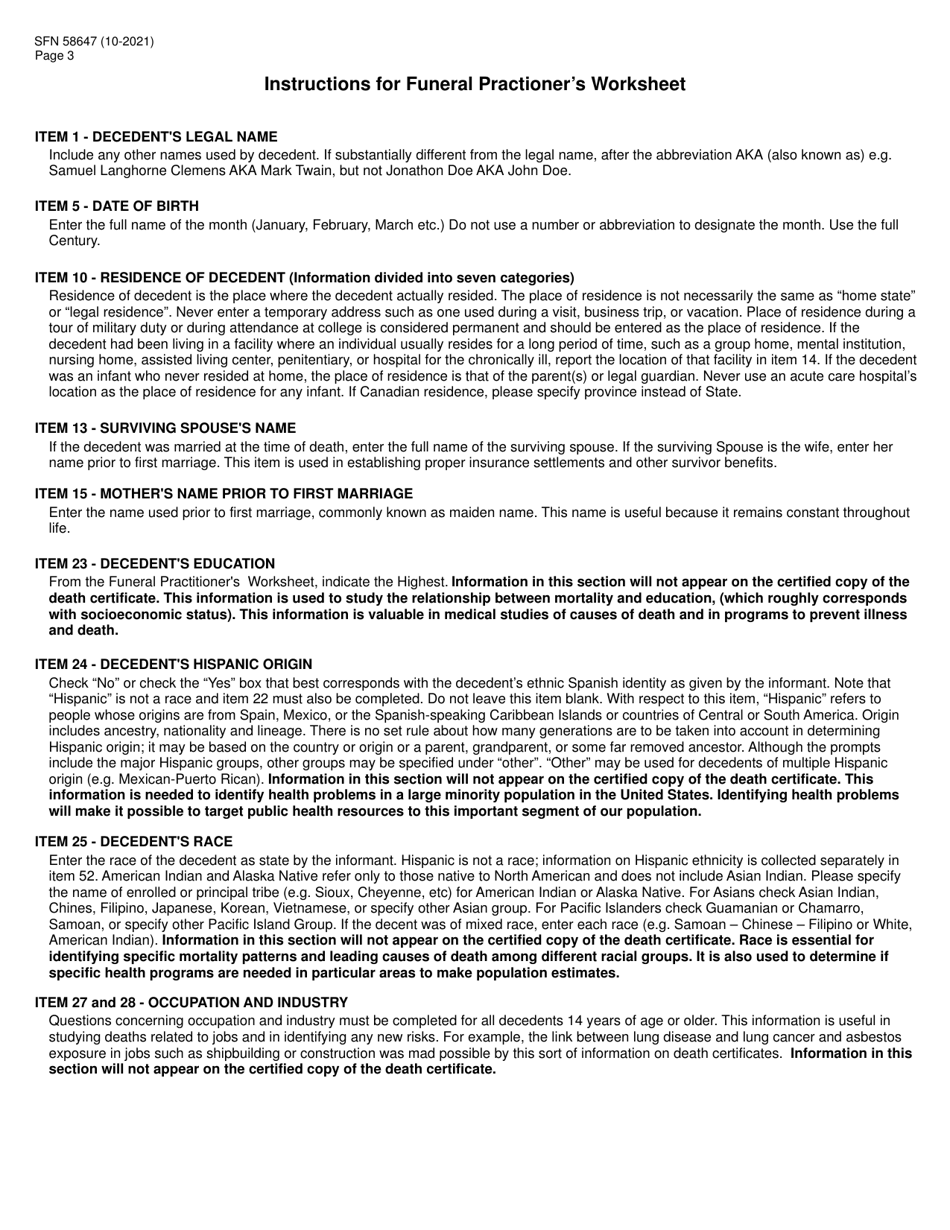 Form SFN58647 North Dakota Funeral Practioners Worksheet for Completing a Facts of Death Record - North Dakota, Page 3