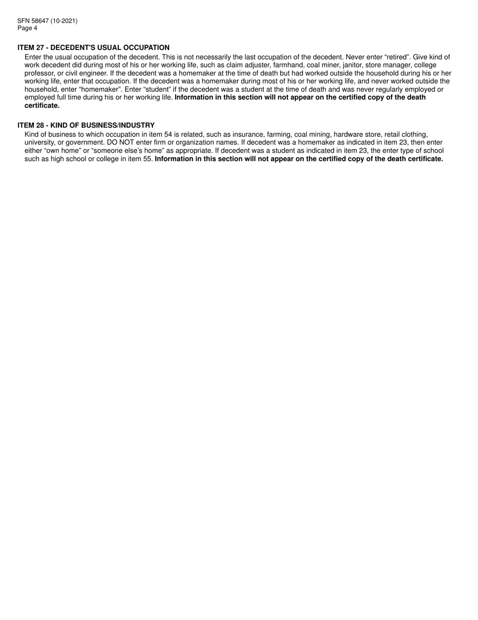 Form SFN58647 North Dakota Funeral Practioners Worksheet for Completing a Facts of Death Record - North Dakota, Page 4