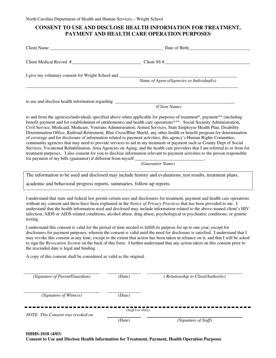 Form DHHS-1010 Consent to Use and Disclose Health Information for Treatment, Payment and Health Care Operation Purposes - North Carolina, Page 1