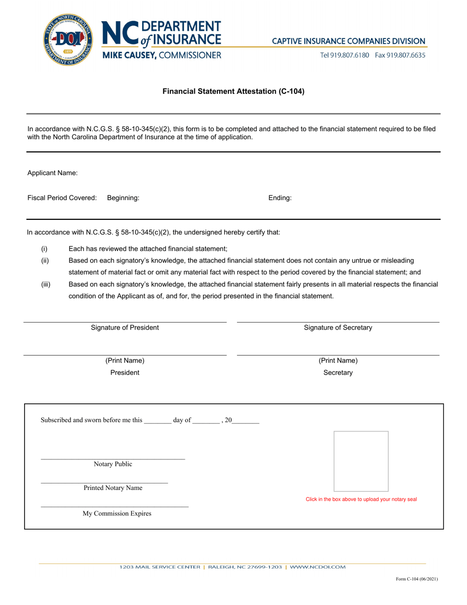 Form C-104 Financial Statement Attestation - North Carolina, Page 1