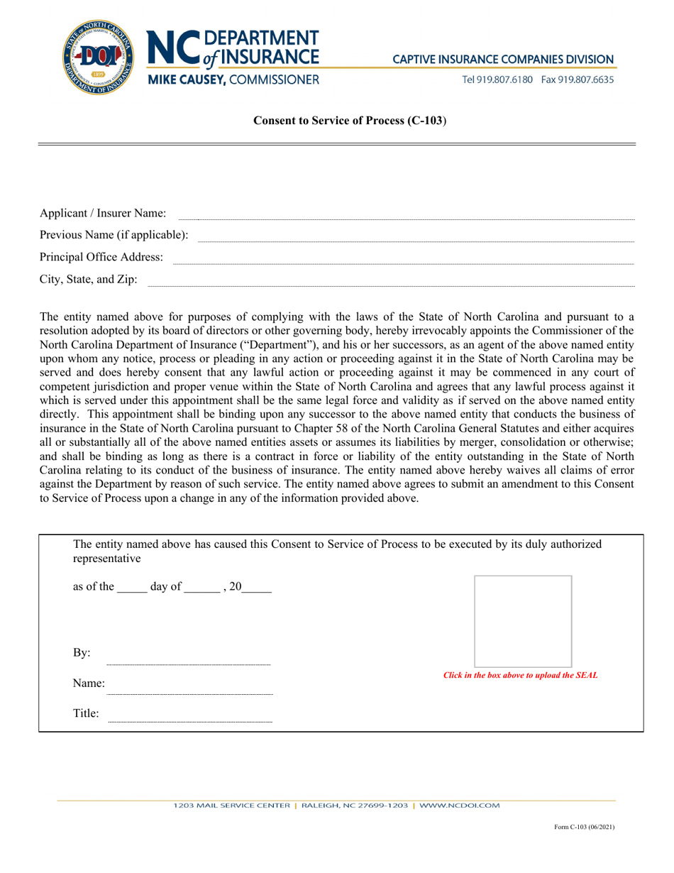 Form C-103 Consent to Service of Process - North Carolina, Page 1