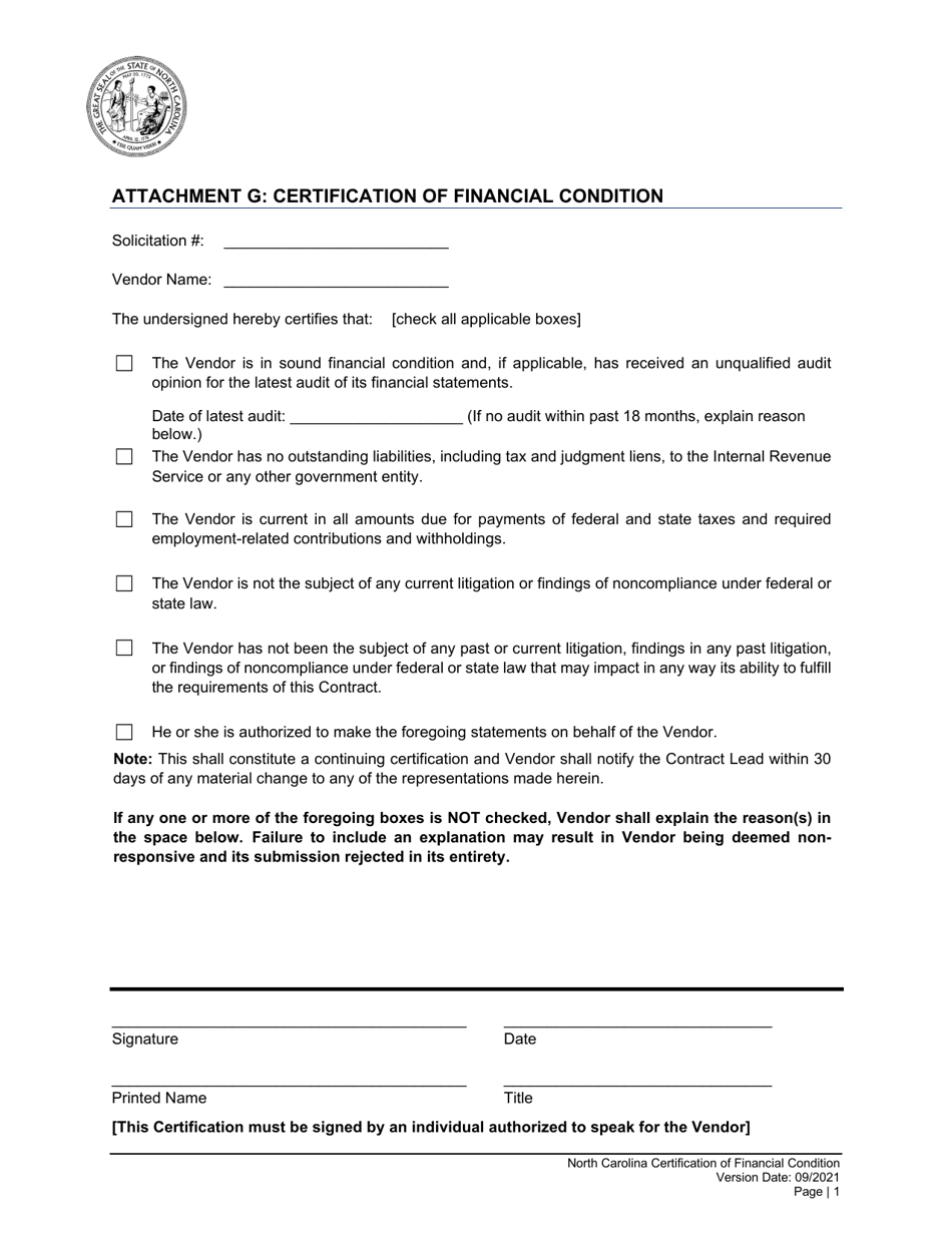 Attachment G Certification of Financial Condition - North Carolina, Page 1