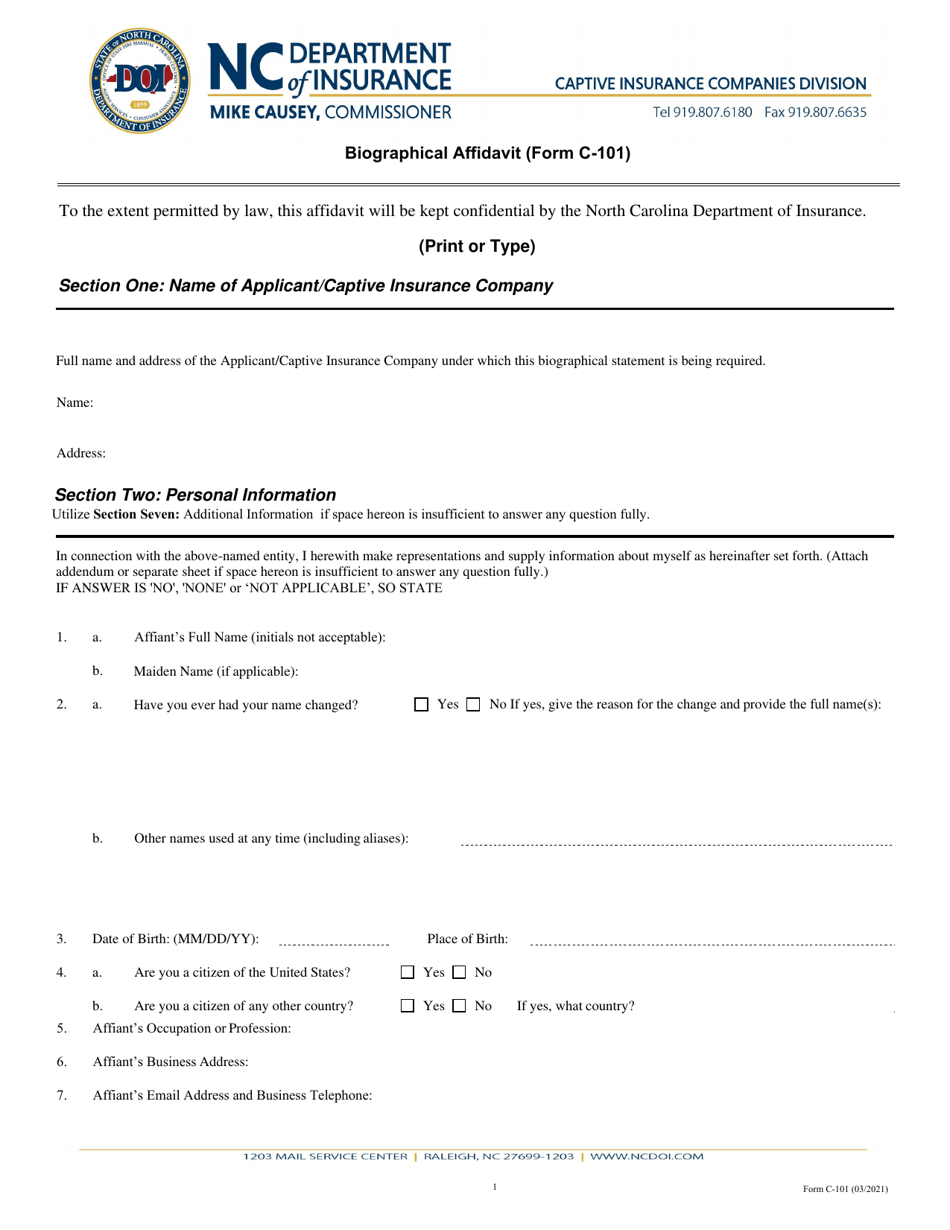 Form C-101 Biographical Affidavit - North Carolina, Page 1