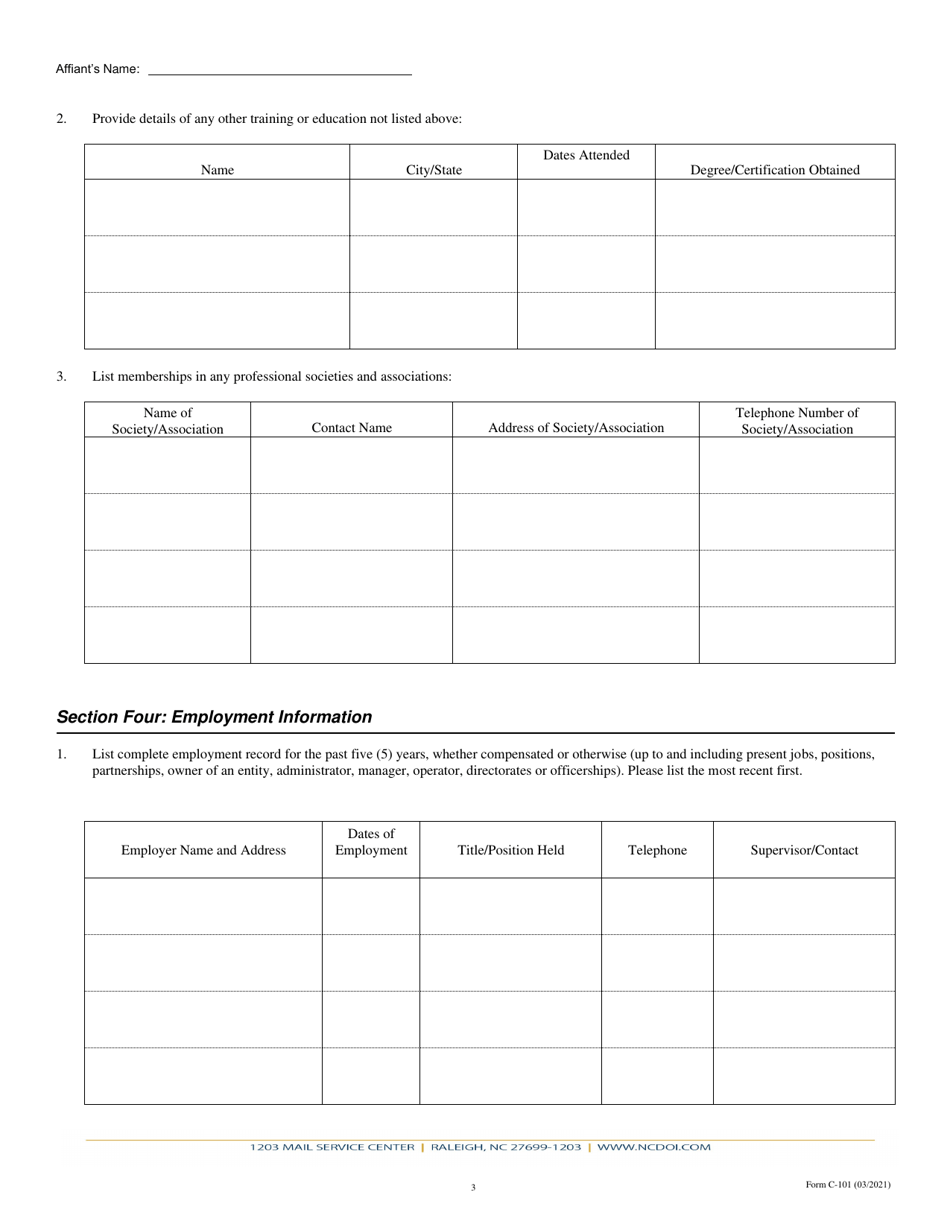 Form C-101 Biographical Affidavit - North Carolina, Page 3