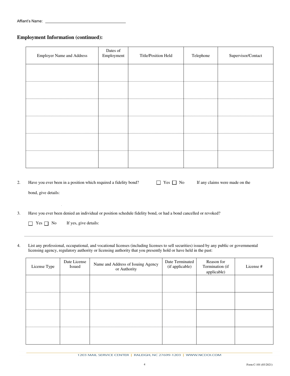Form C-101 Biographical Affidavit - North Carolina, Page 4
