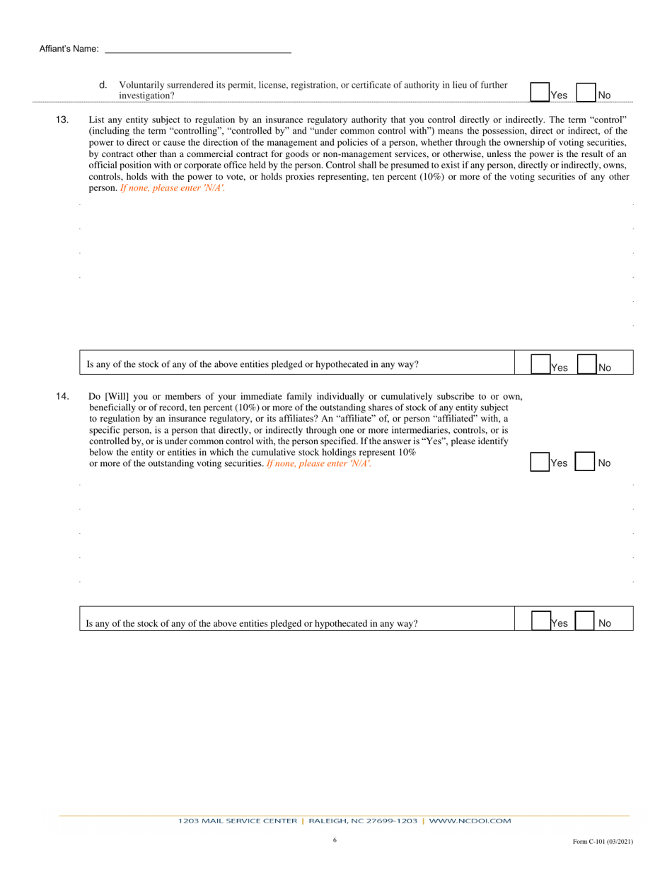 Form C-101 Biographical Affidavit - North Carolina, Page 6
