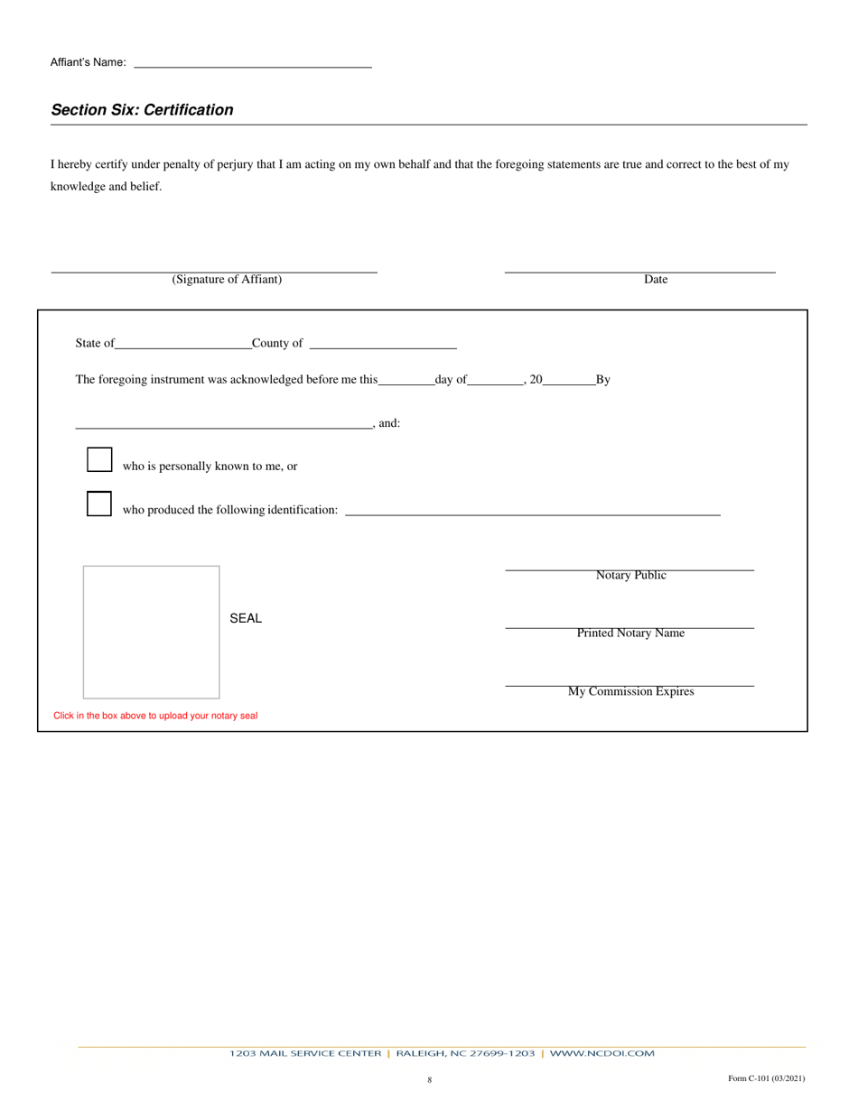 Form C-101 Biographical Affidavit - North Carolina, Page 7