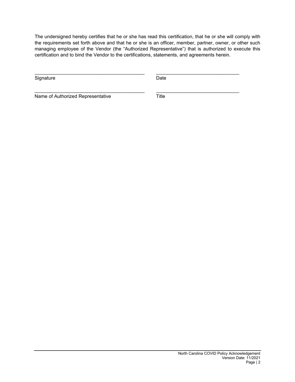 Acknowledgment of Covid-19 Vaccination and Testing Policy - North Carolina, Page 2