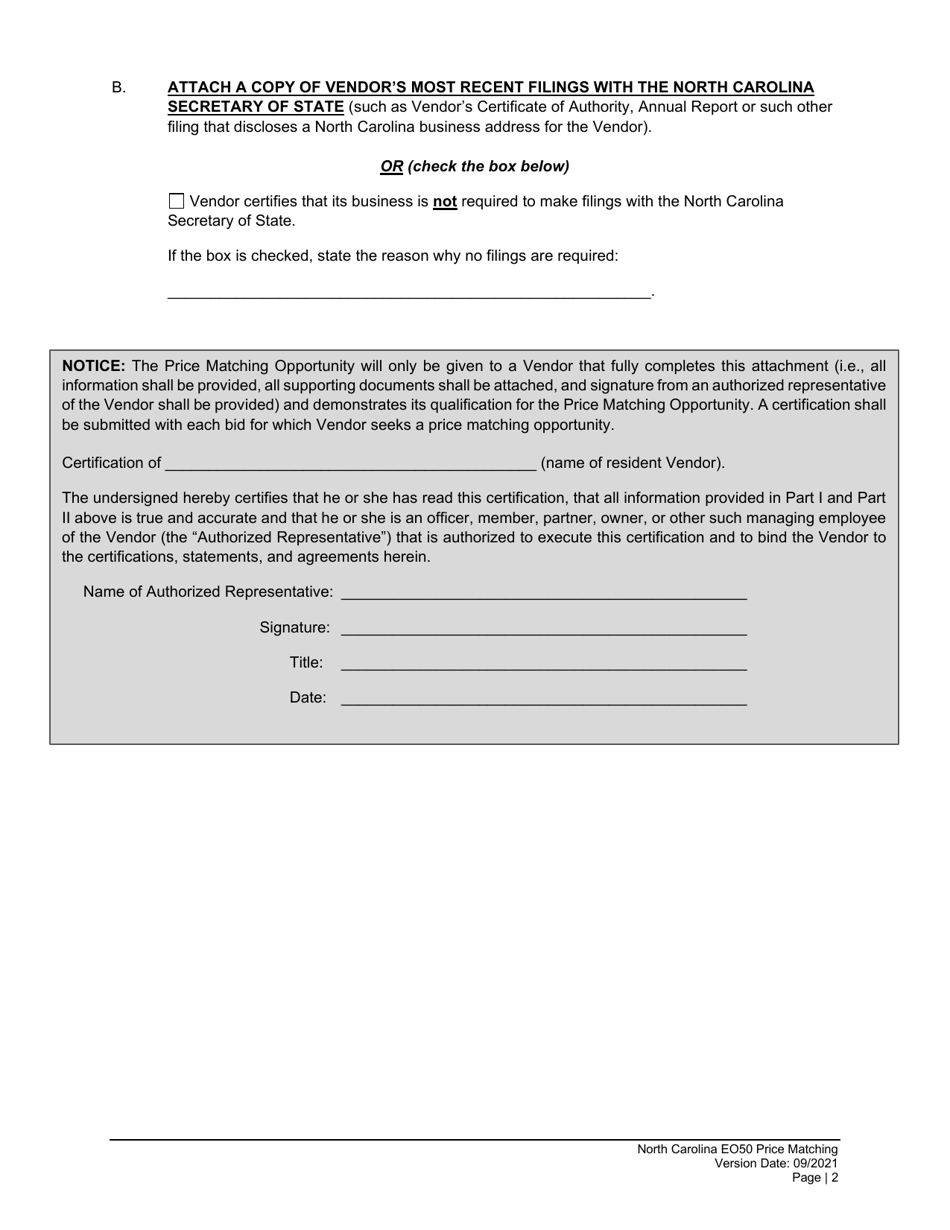 Attachment H Vendor Request for Eo50 Price Matching - North Carolina, Page 2