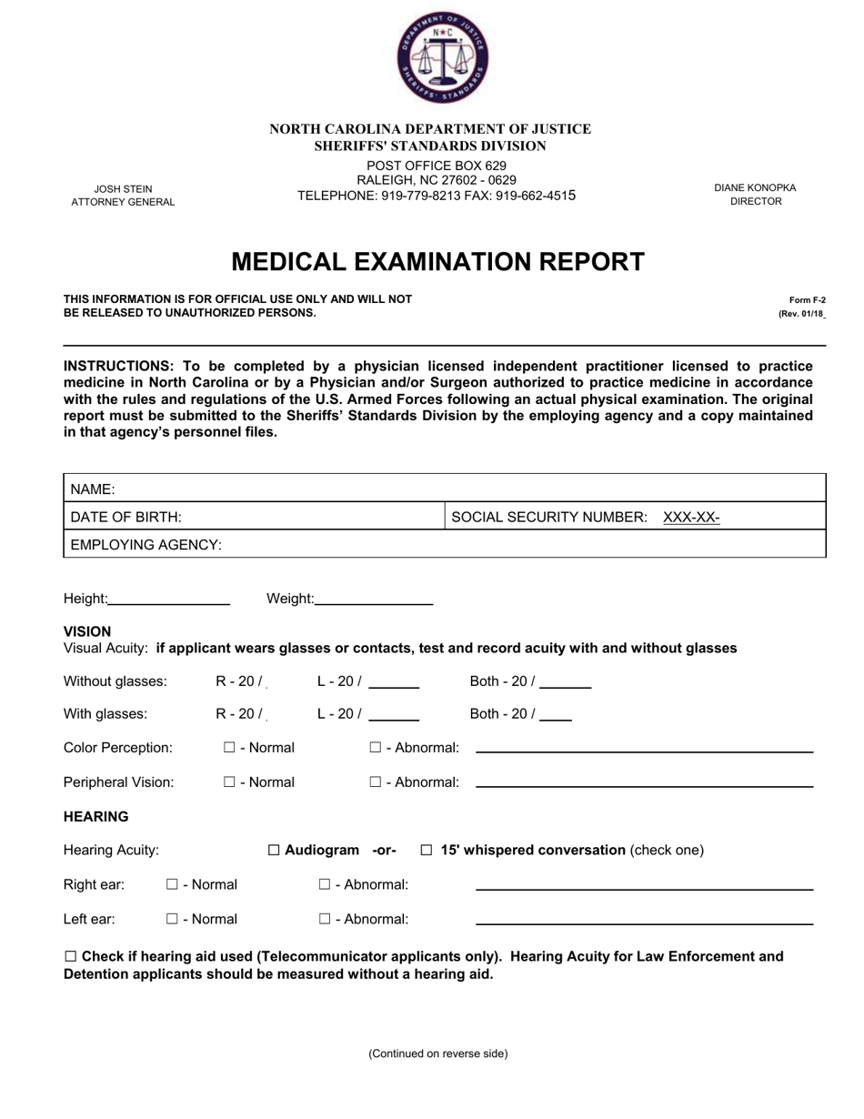 Form F-2 Medical Examination Report - North Carolina, Page 1