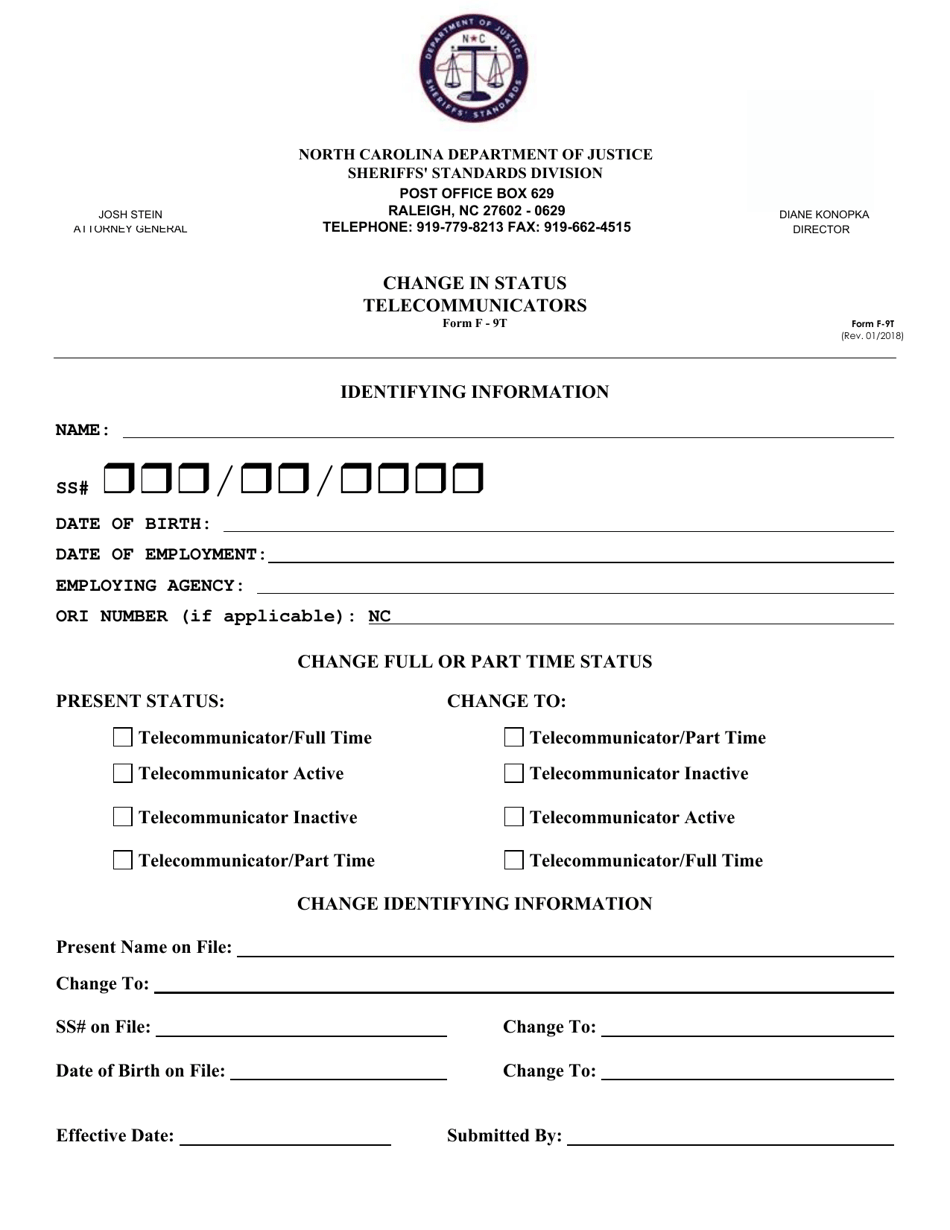 Form F-9T Change of Status - Telecommunicators - North Carolina, Page 1