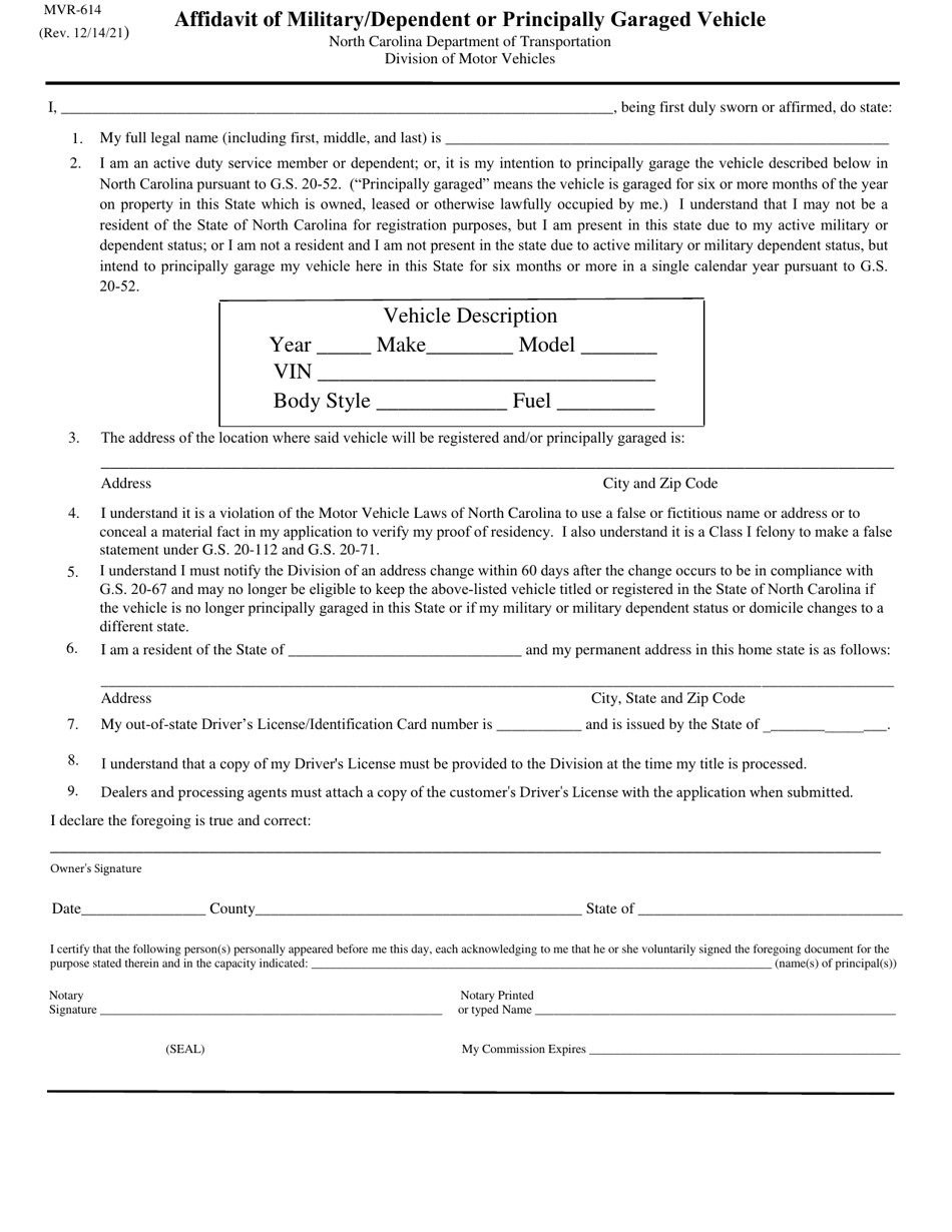 Form MVR-614 Affidavit of Military / Dependent or Principally Garaged Vehicle - North Carolina, Page 1