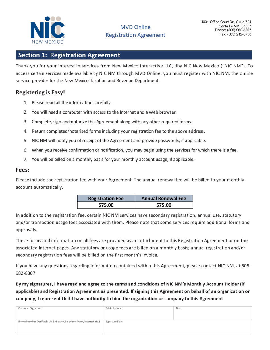 Mvd Online Registration Agreement - New Mexico, Page 1