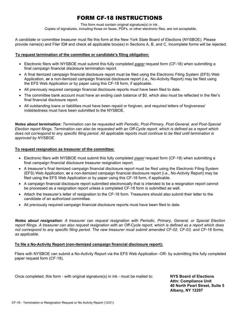 Form CF-18 Termination or Resignation Request Form / No-Activity Report Form - New York, Page 2