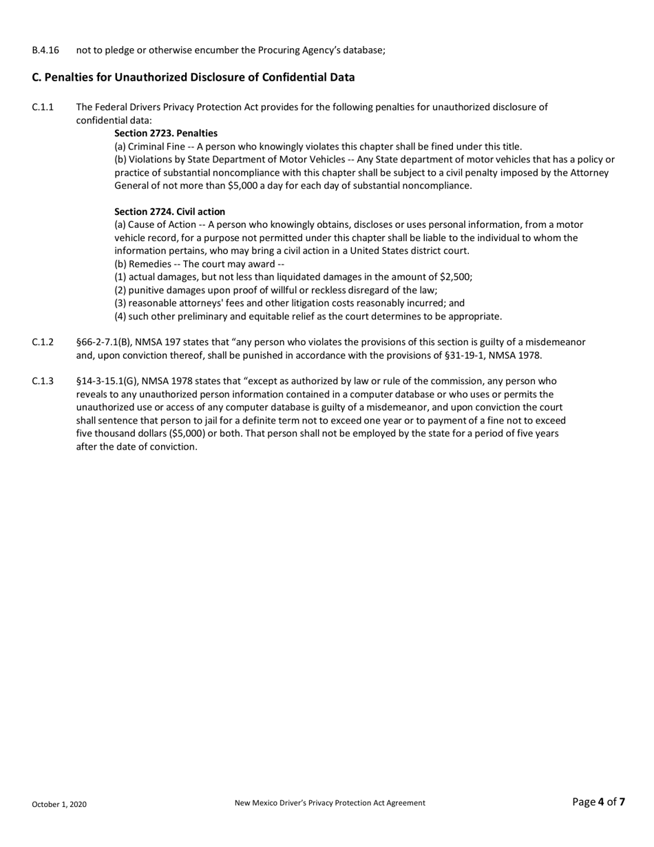 New Mexico Drivers Privacy Protection Act (Dppa) Agreement - New Mexico, Page 4