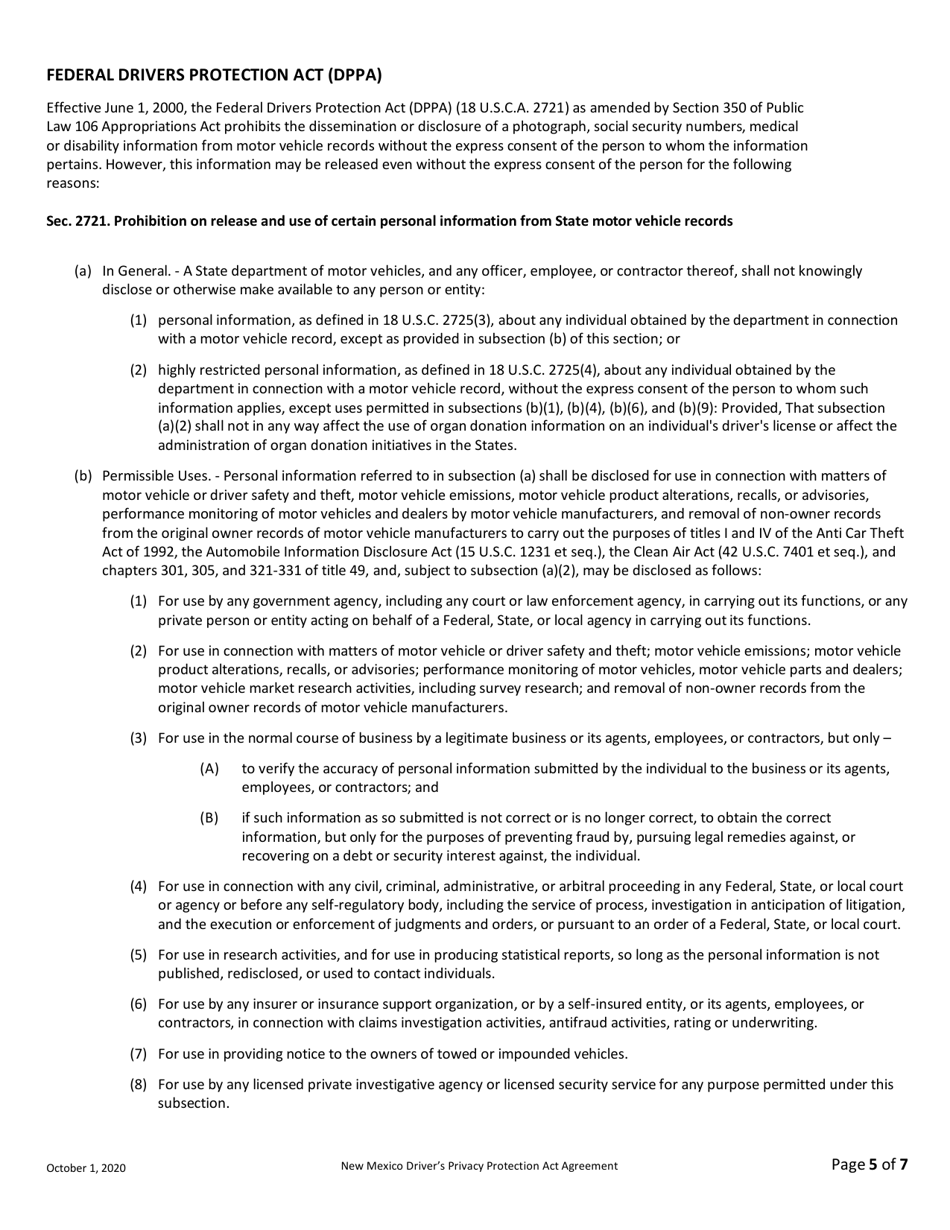 New Mexico Drivers Privacy Protection Act (Dppa) Agreement - New Mexico, Page 5