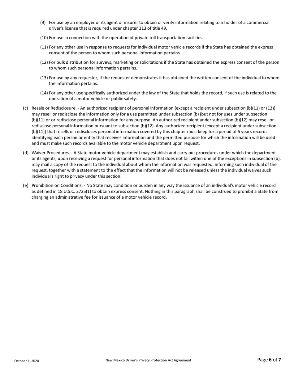 New Mexico Drivers Privacy Protection Act (Dppa) Agreement - New Mexico, Page 6