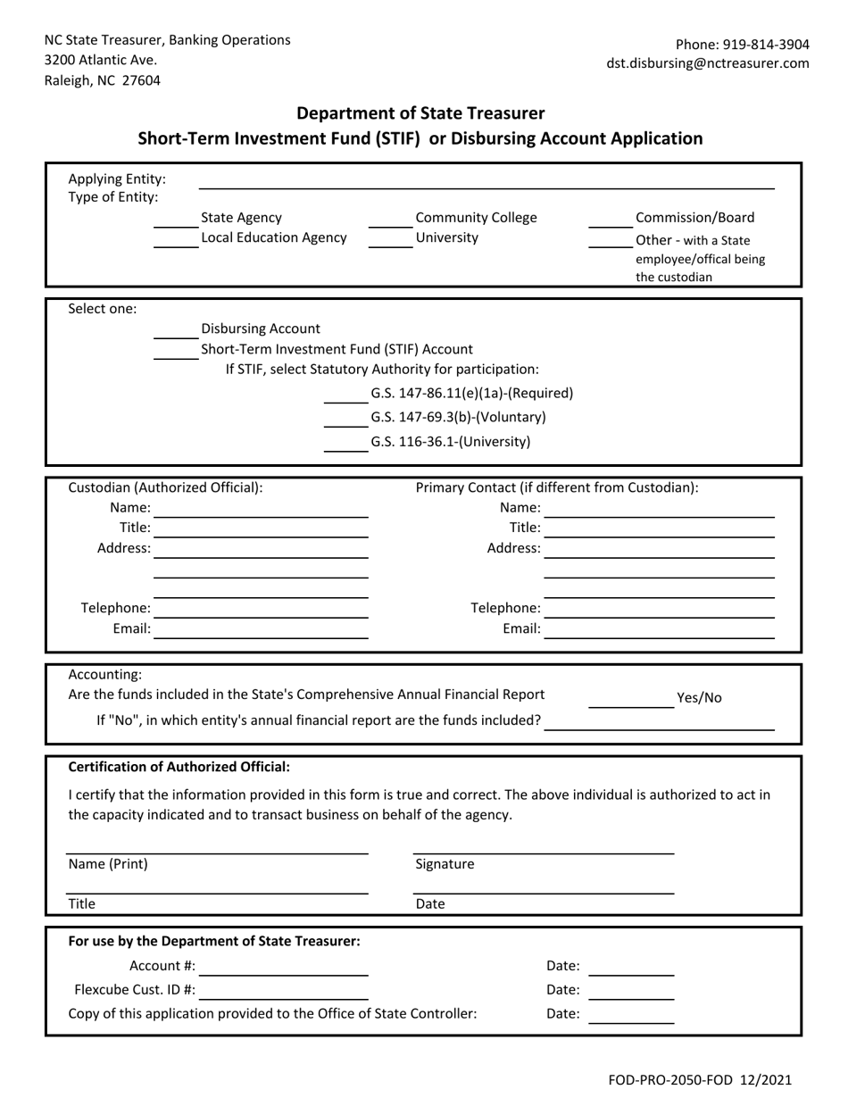 Form FOD-PRO-2050-FOD Short-Term Investment Fund (Stif) or Disbursing Account Application - North Carolina, Page 1
