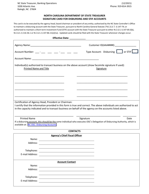 Signature Card for Disbursing and Stif Accounts - North Carolina Download Pdf