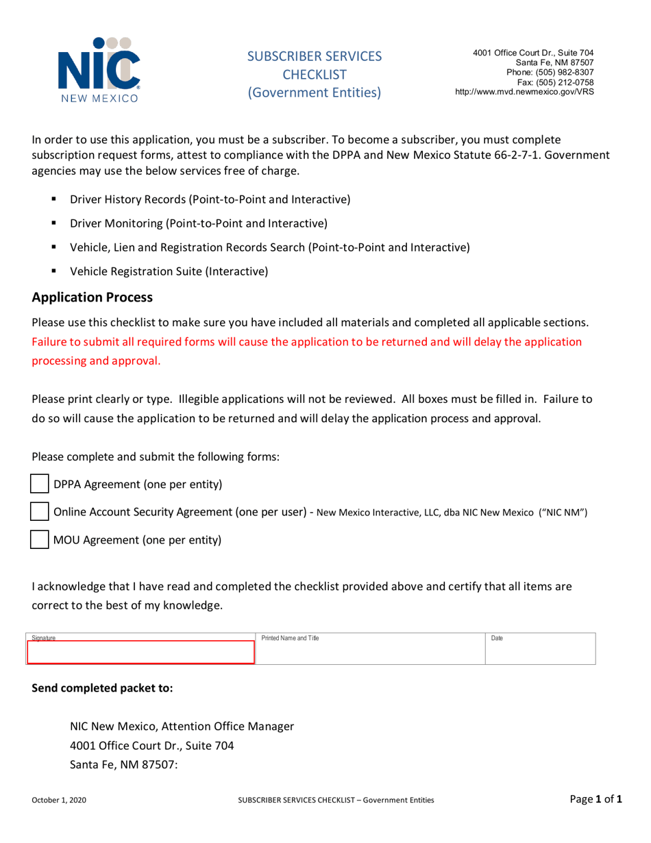 Subscriber Services Checklist (Government Entities) - New Mexico, Page 1