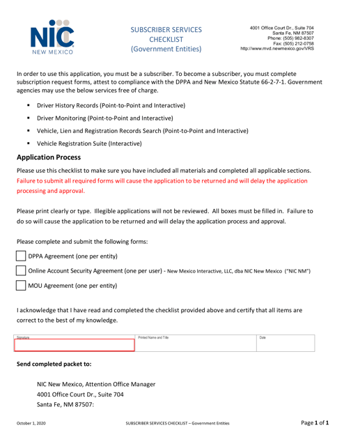 Subscriber Services Checklist (Government Entities) - New Mexico Download Pdf