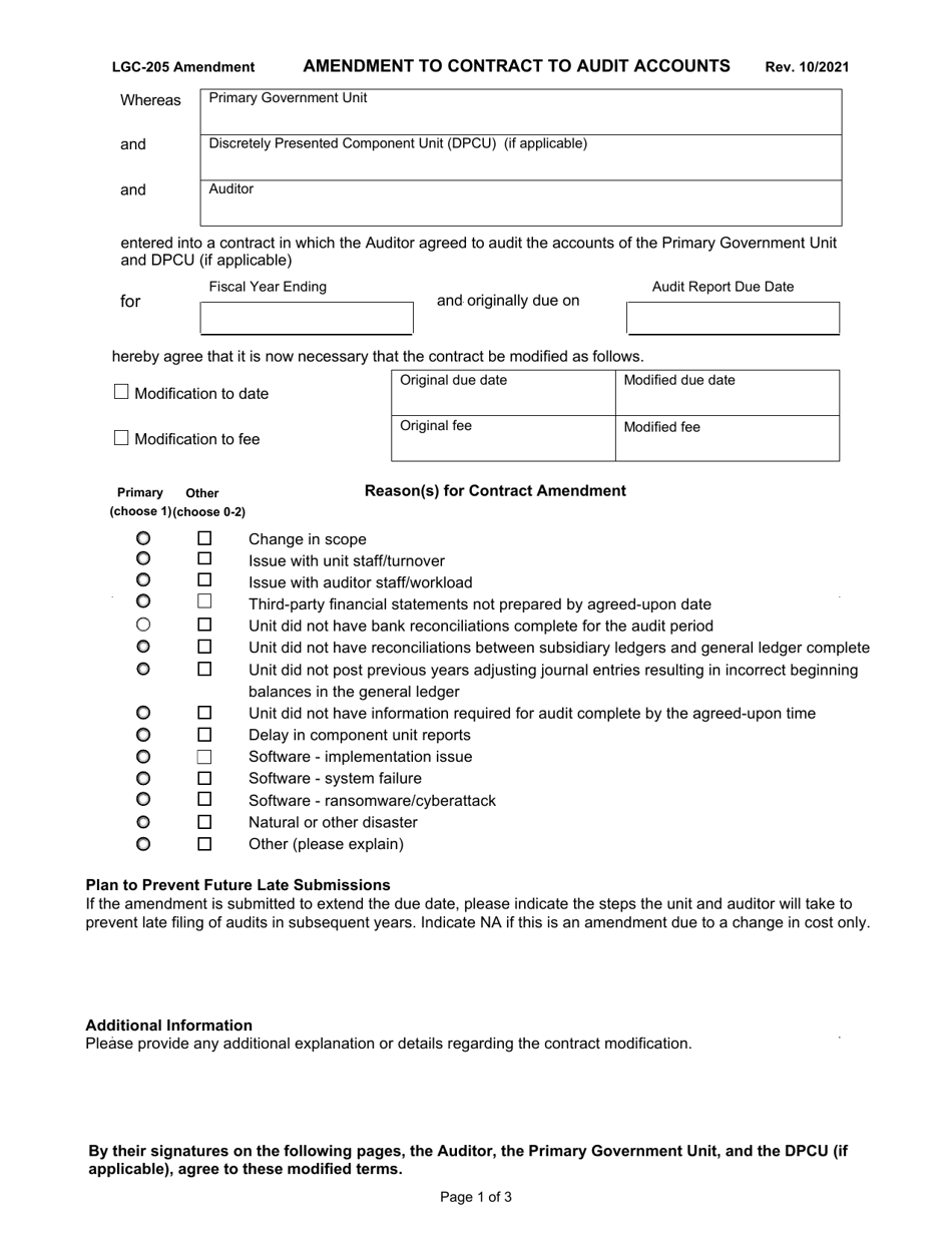 Form LGC-205 Amendment to Contract to Audit Accounts - North Carolina, Page 1