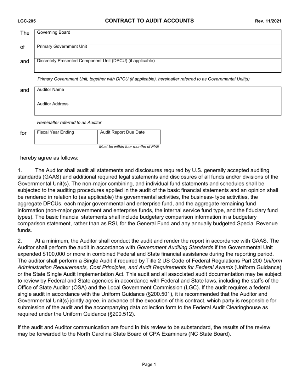 Form LGC-205 Contract to Audit Accounts - North Carolina, Page 1