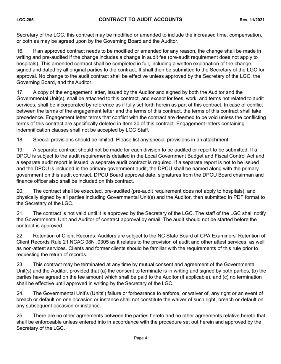 Form LGC-205 Contract to Audit Accounts - North Carolina, Page 4