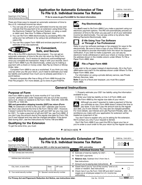 IRS Form 4868 2021 Printable Pdf