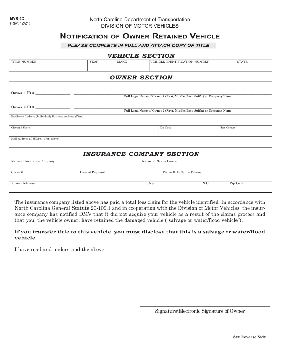 Form MVR-4C Notification of Owner Retained Vehicle - North Carolina, Page 1