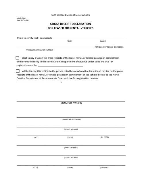 Form MVR-608 Gross Receipt Declaration for Leased or Rental Vehicles - North Carolina