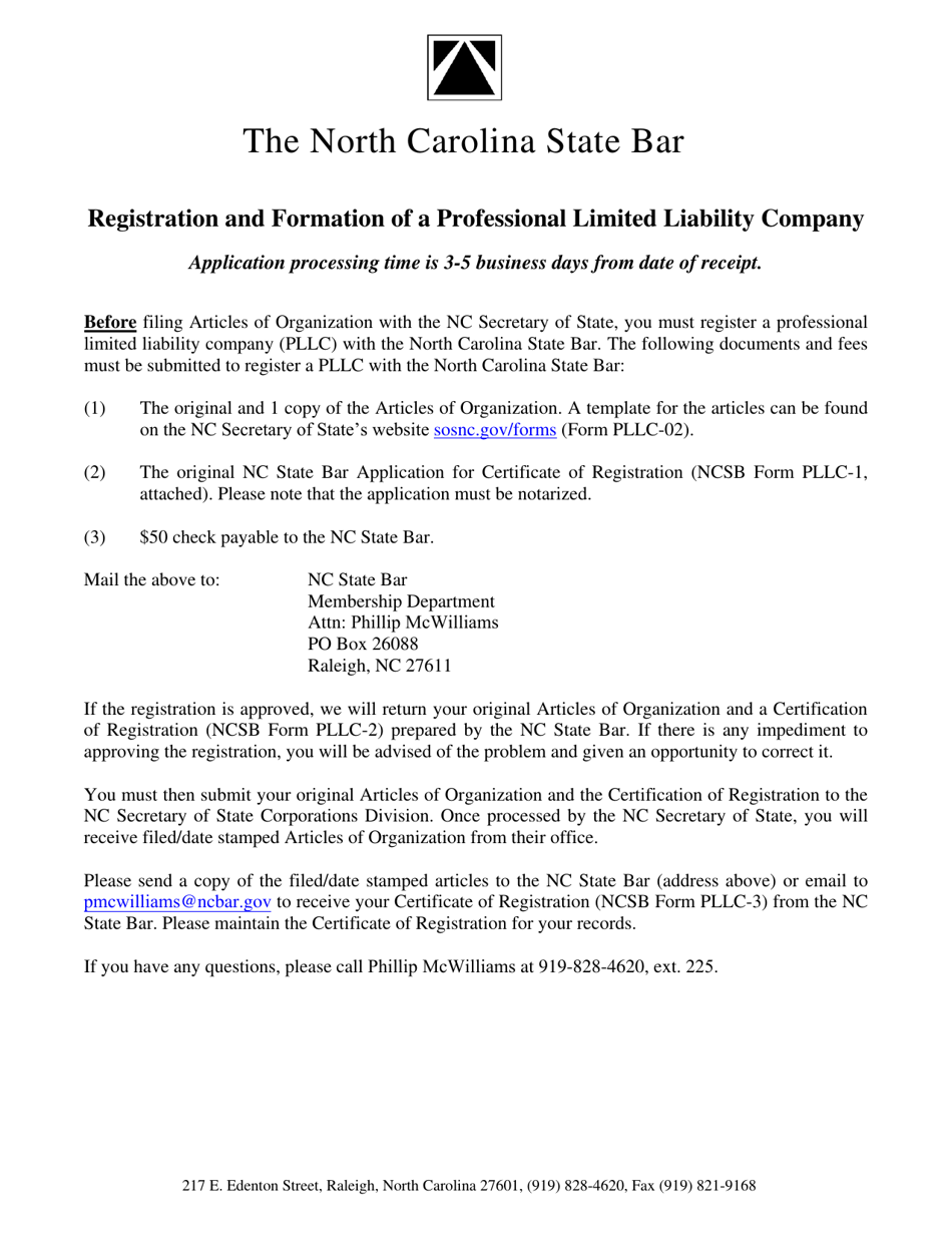 NCSB Form PLLC-1 Application for Certificate of Registration for a Professional Limited Liability Company - North Carolina, Page 1