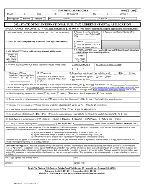 Form RT129 International Fuel Tax Agreement (Ifta) Application - New Hampshire, 2022