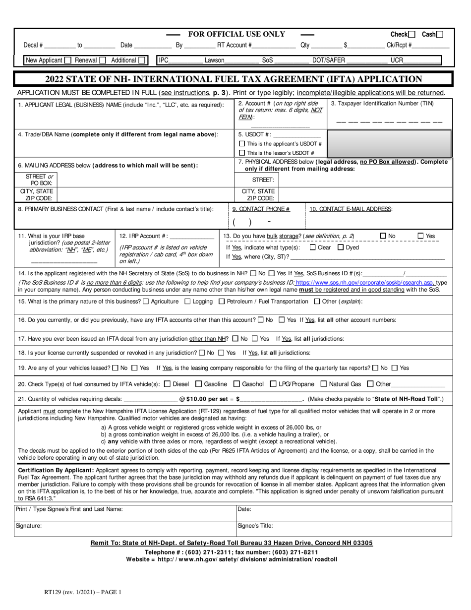 Form RT129 International Fuel Tax Agreement (Ifta) Application - New Hampshire, Page 1