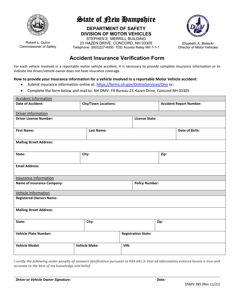 Form DSMV385 Accident Insurance Verification Form - New Hampshire, Page 1
