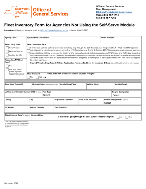 Fleet Inventory Form for Agencies Not Using the Self-serve Module - New York Download Pdf