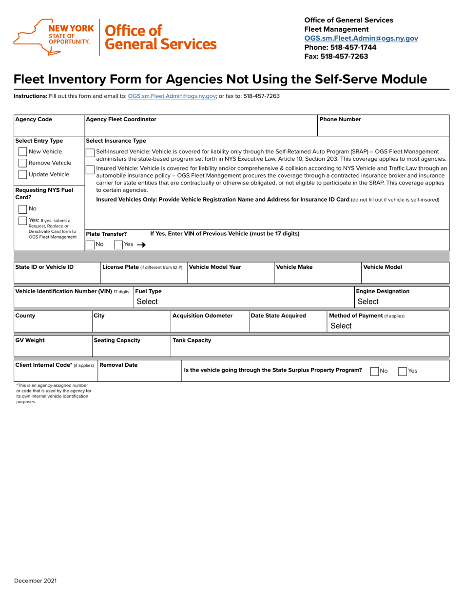 Fleet Inventory Form for Agencies Not Using the Self-serve Module - New York, Page 1
