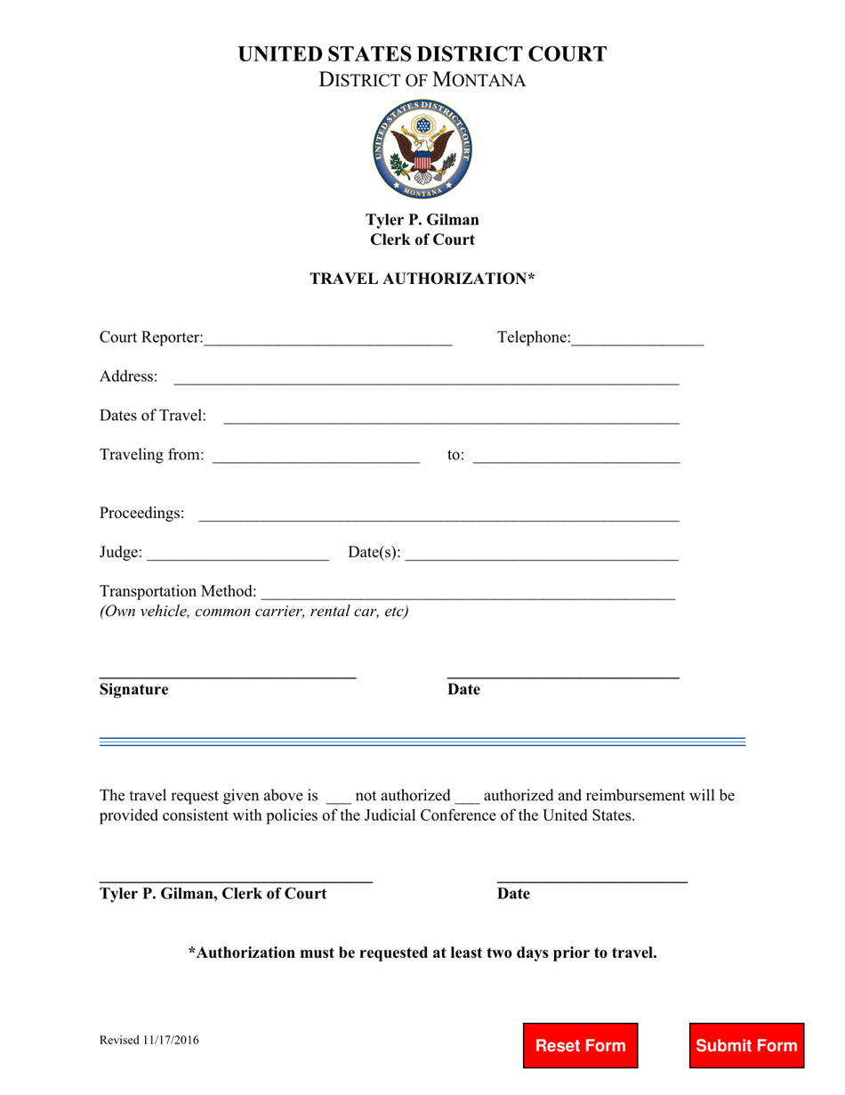 Travel Authorization for Court Reporter - Montana, Page 1