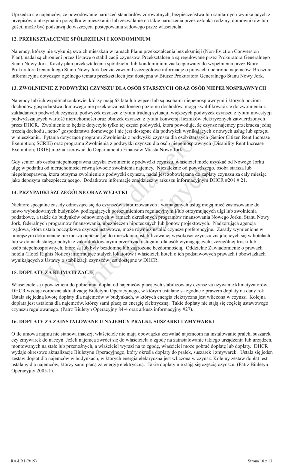 Form RA-LR1 New York City Lease Rider for Rent Stabilized Tenants - New York (Polish), Page 10