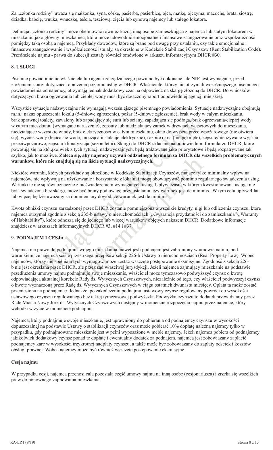 Form RA-LR1 New York City Lease Rider for Rent Stabilized Tenants - New York (Polish), Page 8