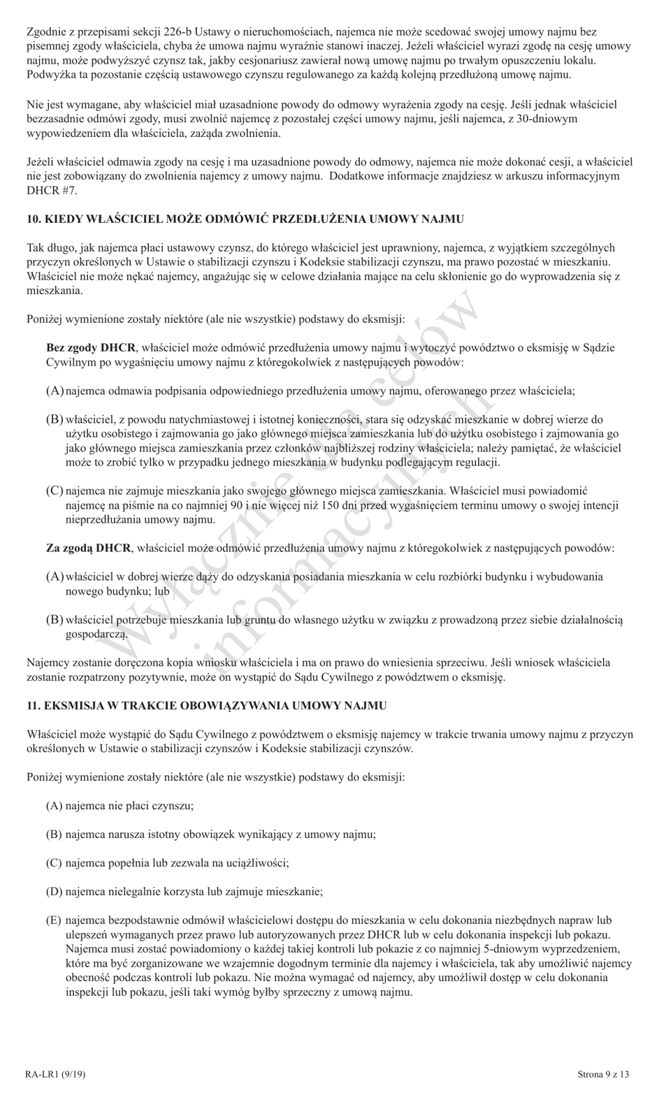 Form RA-LR1 New York City Lease Rider for Rent Stabilized Tenants - New York (Polish), Page 9