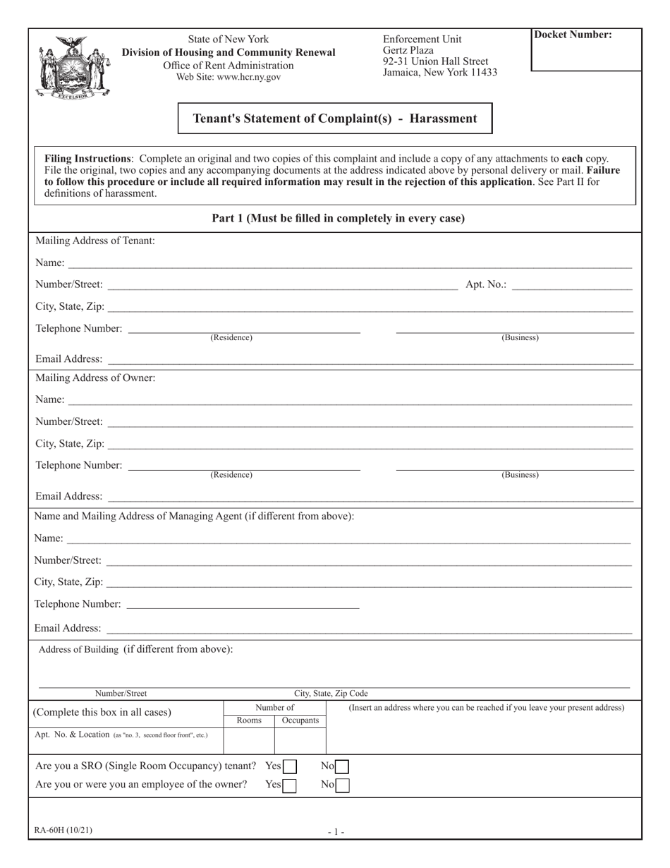 Form RA-60H Tenants Statement of Complaint(S) - Harassment - New York, Page 1